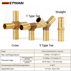 EPMAN 100PCS/Carton 2 3 4 Way Brass Barb Pipe Fitting Straight T Type Y Type Tee Cross 6mm 8mm 10mm 12mm 16mm Hose Copper Pagoda Water Tube Connector Air Line Tubing Joint EPAA32G05