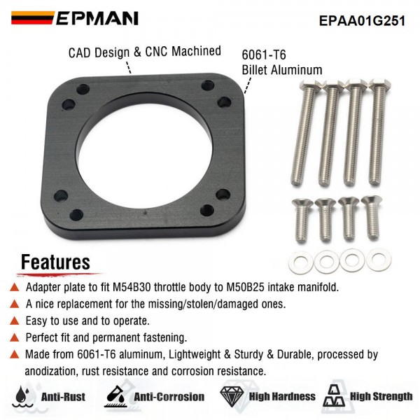 EPMAN Intake Manifold M50 M54 Throttle Body Adapter Plate Kit For BMW M54B30 To M50B25 EPAA01G251 EPMAN Intake Manifold M50 M54 Throttle Body Adapter Plate Kit For BMW M54B30 To M50B25 EPAA01G251
