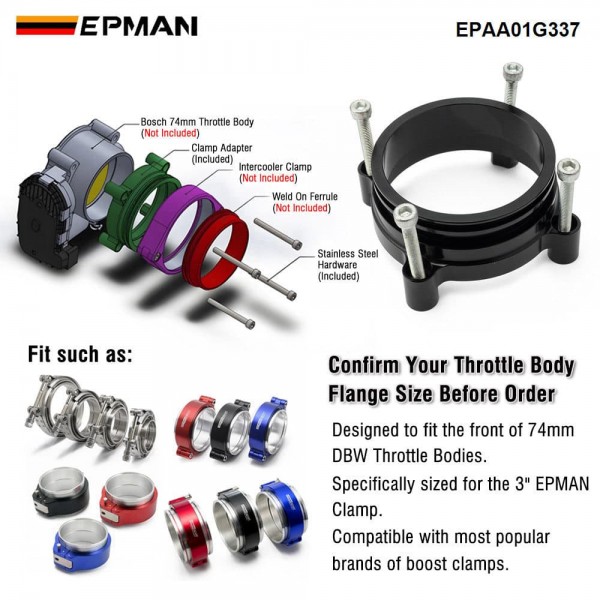 EPMAN 3 Inch to 74mm Bore Throttle Body Adapter for DBW Drive By Wire, 6061-T6 Aluminum Ferrule with O-Ring Seal Kit Including Bolts EPAA01G337