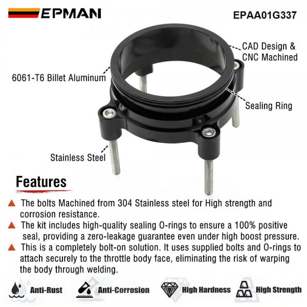 EPMAN 3 Inch to 74mm Bore Throttle Body Adapter for DBW Drive By Wire, 6061-T6 Aluminum Ferrule with O-Ring Seal Kit Including Bolts EPAA01G337