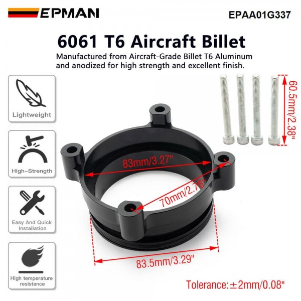 EPMAN 3 Inch to 74mm Bore Throttle Body Adapter for DBW Drive By Wire, 6061-T6 Aluminum Ferrule with O-Ring Seal Kit Including Bolts EPAA01G337