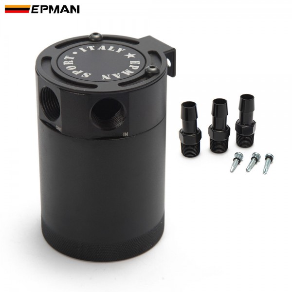 EPMAN - Racing Baffled Aluminum 2-Port / 3-Port Oil Catch Can / Tank / Air-Oil Separator Universal Black EPMAN - Racing Baffled Aluminum 2-Port / 3-Port Oil Catch Can / Tank / Air-Oil Separator Universal Black
