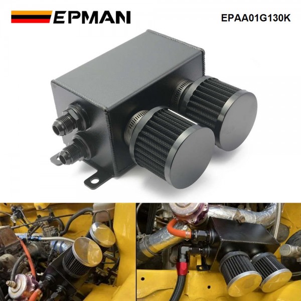 EPMAN 1.2L-10AN Oil Catch Can Reservoir Tank & Dual Breather Filter Baffled Black Aluminum Universal EPAA01G130K