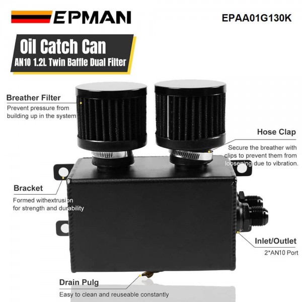 EPMAN 1.2L-10AN Oil Catch Can Reservoir Tank & Dual Breather Filter Baffled Black Aluminum Universal EPAA01G130K