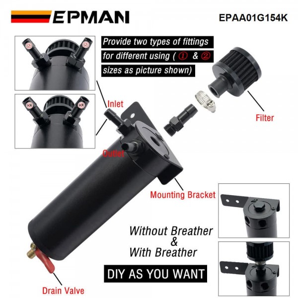 EPMAN Universal Aluminum Oil Catch Can XL +Breather Filter+ Mounting Bracket Kit + Filter 7.50z EPAA01G154K