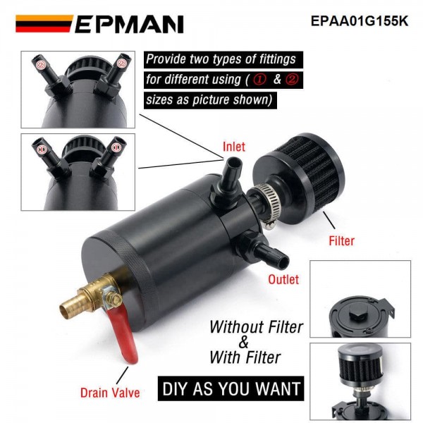 EPMAN Baffled Oil Catch Can Reservoir Tank Universal With Drain Valve 2 Port Aluminum EPAA01G155K