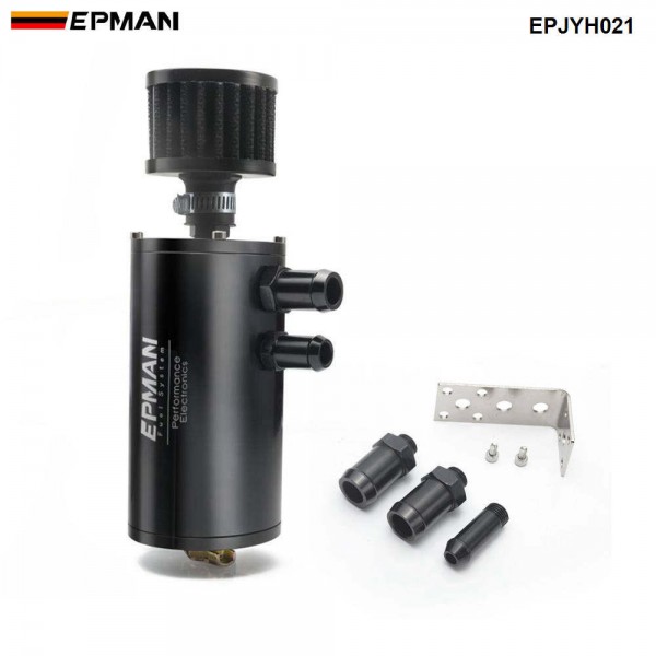EPMAN Universal High Quality Brushed Baffled Oil Catch Tank Can with Breather Filter Aluminium Round Car Coolant Tank EPJYH021