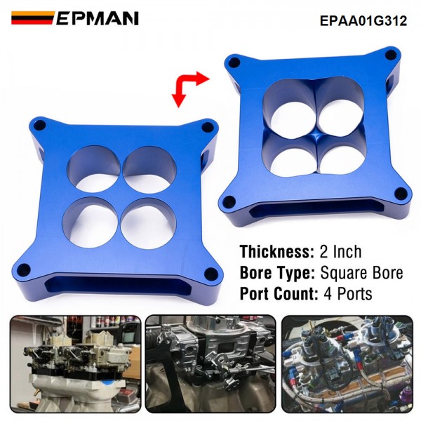 EPMAN 2 inch T6 Aluminum 4150 CNC Machined Carburetor Spacer Square Bore 4 Port EPAA01G312 EPMAN 2 inch T6 Aluminum 4150 CNC Machined Carburetor Spacer Square Bore 4 Port EPAA01G312