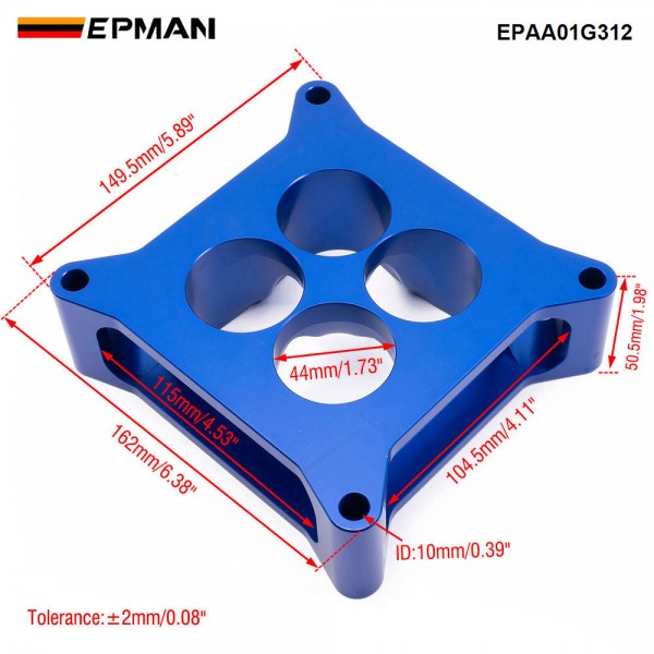 EPMAN 2 inch T6 Aluminum 4150 CNC Machined Carburetor Spacer Square Bore 4 Port EPAA01G312 EPMAN 2 inch T6 Aluminum 4150 CNC Machined Carburetor Spacer Square Bore 4 Port EPAA01G312