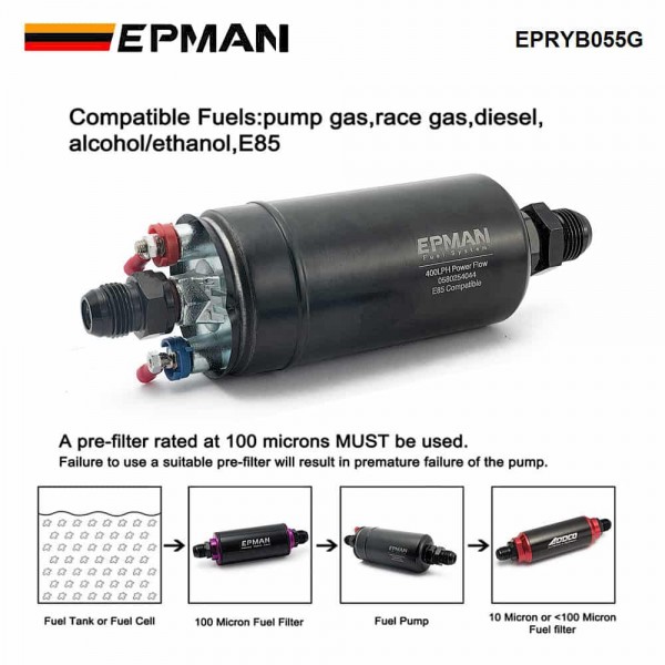 EPMAN 0580254044 High Performance EFI 400LPH Power Flow Inline External Fuel Pump E85 380 Black Short Type Accessories EPRYB055G