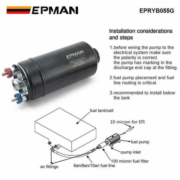 EPMAN 0580254044 High Performance EFI 400LPH Power Flow Inline External Fuel Pump E85 380 Black Short Type Accessories EPRYB055G