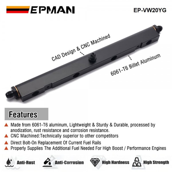 EPMAN Billet Aluminum High Flow Fuel Injector Rail Kit For Audi / For Volkswagen 1.8T 20V EP-VW20YG