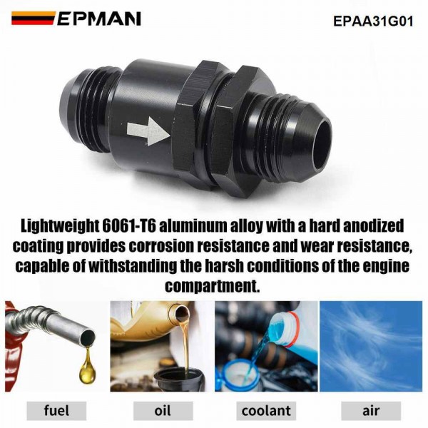 EPMAN 20PCS/CARTON Universal Aluminum One Way Check Valve with Spring AN6 AN8 AN10 Black for Fuel Oil Air System EPAA31G01-20T