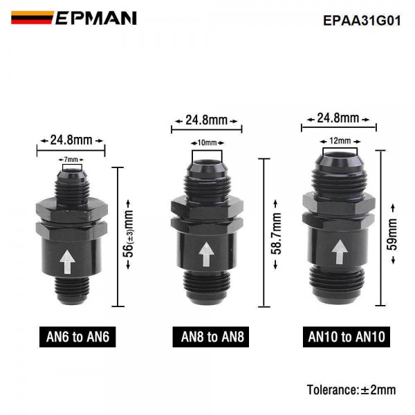 EPMAN 20PCS/CARTON Universal Aluminum One Way Check Valve with Spring AN6 AN8 AN10 Black for Fuel Oil Air System EPAA31G01-20T