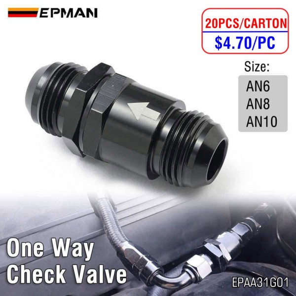 EPMAN 20PCS/CARTON Universal Aluminum One Way Check Valve with Spring AN6 AN8 AN10 Black for Fuel Oil Air System EPAA31G01-20T