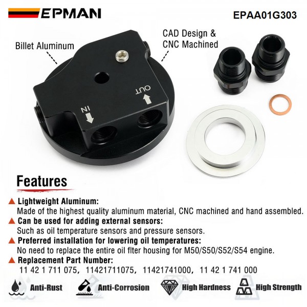 EPMAN Oil Filter Lid With Oil Cooler Fittings and 2 Sensor Ports for BMW Z3 Z4 Series E36 E46 E34 E85 325i M3 M50 S50 S52 S54 EPAA01G303 EPMAN Oil Filter Lid With Oil Cooler Fittings and 2 Sensor Ports for BMW Z3 Z4 Series E36 E46 E34 E85 325i M3 M50 S50 S52 S54 EPAA01G303