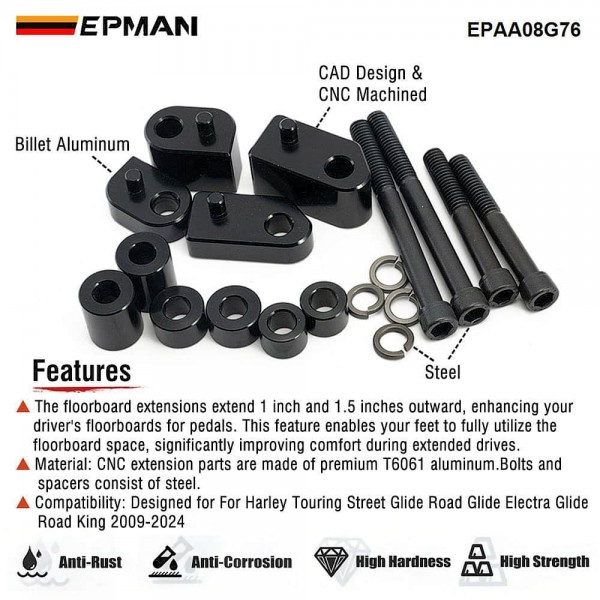 EPMAN Motorcycle Driver Floorboard Extensions For Touring Electra Glide / Road Glide/Road King/Street Glide for 2009-2023 1" & 1.5" Black Spacers EPAA08G76