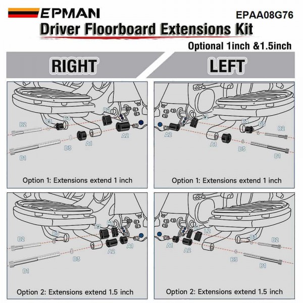 EPMAN Motorcycle Driver Floorboard Extensions For Touring Electra Glide / Road Glide/Road King/Street Glide for 2009-2023 1" & 1.5" Black Spacers EPAA08G76