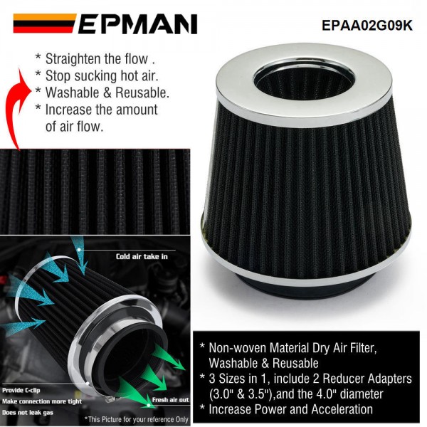 EPMAN Universal Car High Flow Cold Air Intake Air Inlet Air Intake System 102mm/89mm/76mm Mushroom Head Air Filter For Neck 4" 3.5" 3" EPAA02G09K