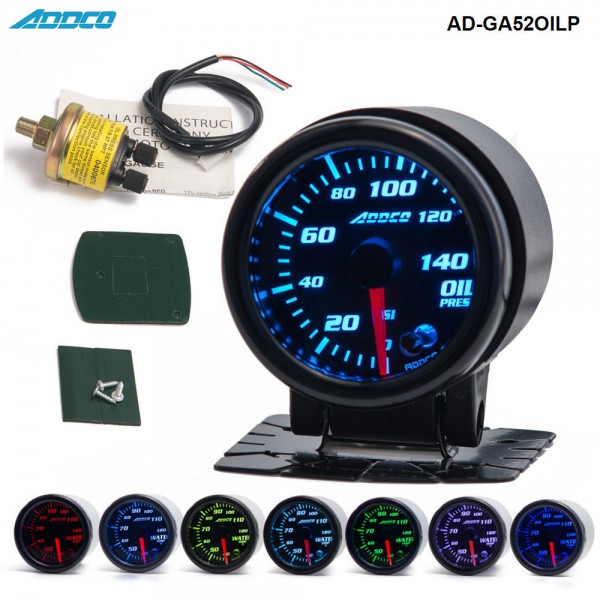 Car Auto 12V 52mm/2" 7 Colors Universal Oil Press Gauge Oil Pressure Meter LED With Sensor and Holder AD-GA52OILP