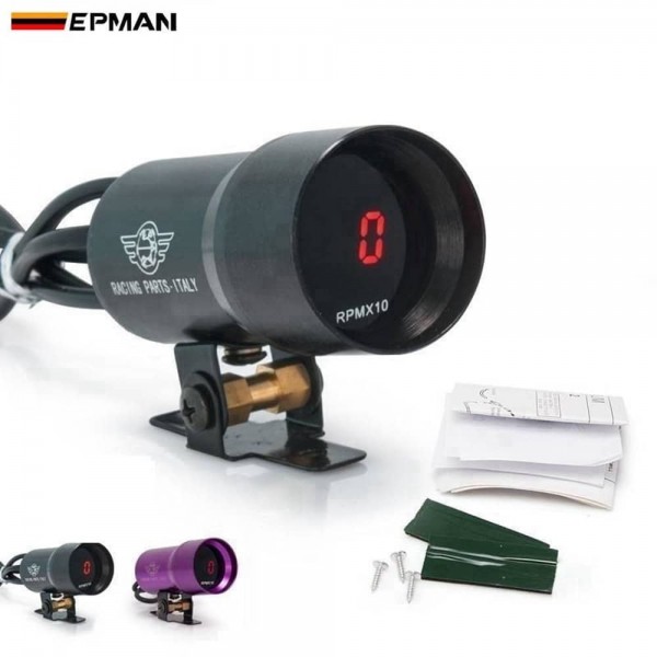 EPMAN 37mm Smoke Tach RPM Tachometer Red Digital Shift Light Style Gauge Pod Black EP37BKRPM