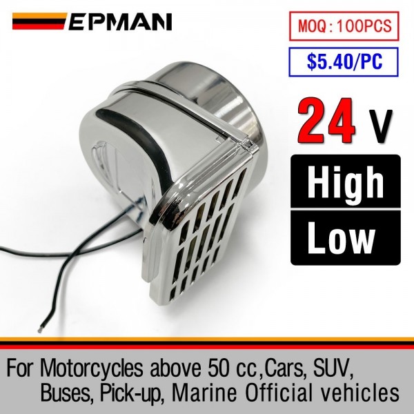 EPMAN Stainless Steel Single Compact Electric Snail Horn For Cars, SUV, Pick-up, Buses, Motorcycles above 50 cc, Marine Official Vehicles High / Low 24V