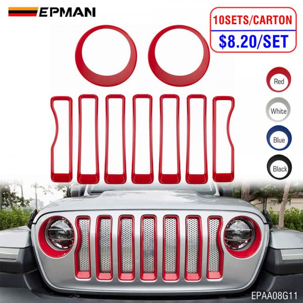 EPMAN 10SETS/CARTON For 2018-2022 Jeep Wrangler JL Mesh Grille Grill Insert+Headlight Turn Light Cover Trim 2018 2019 2020 2021 JL JLU for Jeep Gladiator JT EPAA08G11-10T