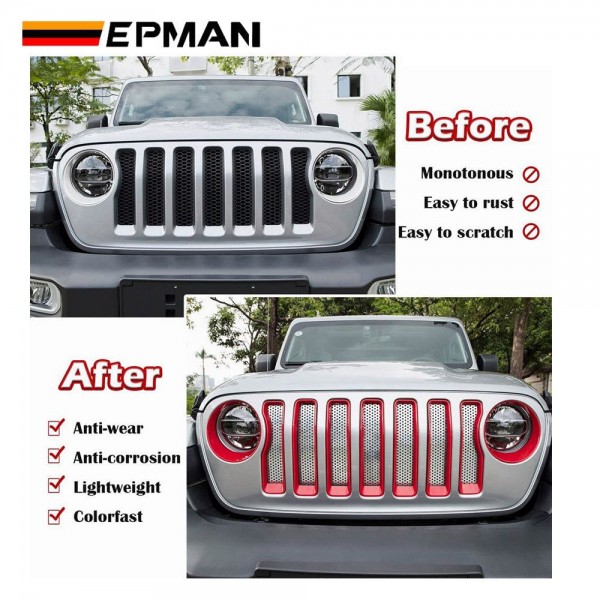 EPMAN 10SETS/CARTON For 2018-2022 Jeep Wrangler JL Mesh Grille Grill Insert+Headlight Turn Light Cover Trim 2018 2019 2020 2021 JL JLU for Jeep Gladiator JT EPAA08G11-10T