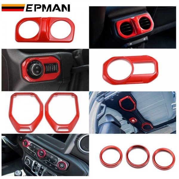 EPMAN 10SETS/CARTON 21PCS/SET Red Car Interior Accessories-Air Conditioning & Switch Button& Reading Light & Steering Wheel etc for Jeep Wrangler & Gladiator 2018- 2022 EPQTJ1821-10T 