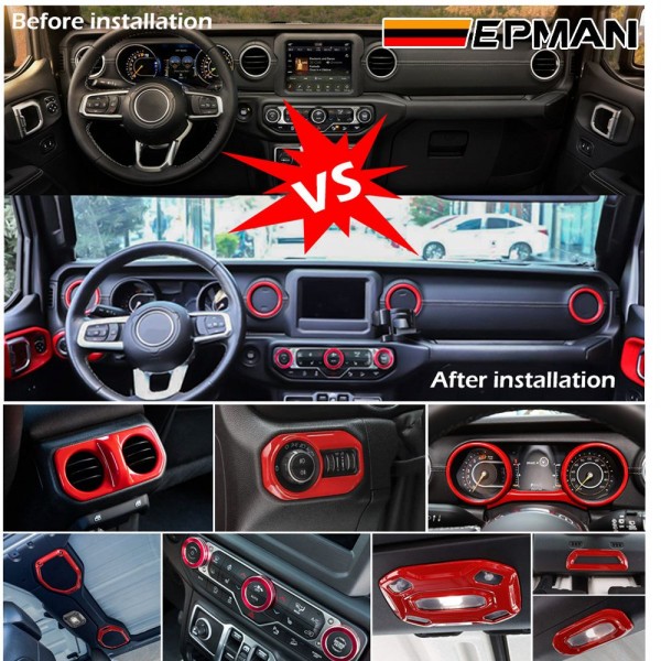 EPMAN 10SETS/CARTON 21PCS/SET Red Car Interior Accessories-Air Conditioning & Switch Button& Reading Light & Steering Wheel etc for Jeep Wrangler & Gladiator 2018- 2022 EPQTJ1821-10T 