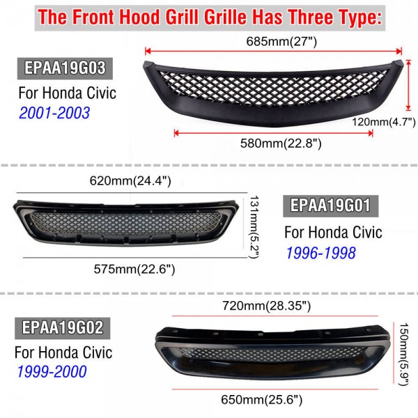 EPMAN 20SETS/CARTON Front Hood Grille Grill Air Flow Intake Mesh Fit for Honda Civic 96-98  99-00 01-03 JDM Type-R Style ABS Bumper Grille