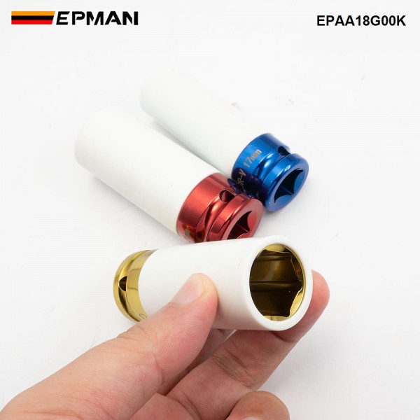 EPMAN 3 PCS 17mm 19mm 21mm 1/2" Drive Thin Wall Deep Impact Nut Socket Kit, Alloy Wheel Impact Socket Set EPAA18G00K