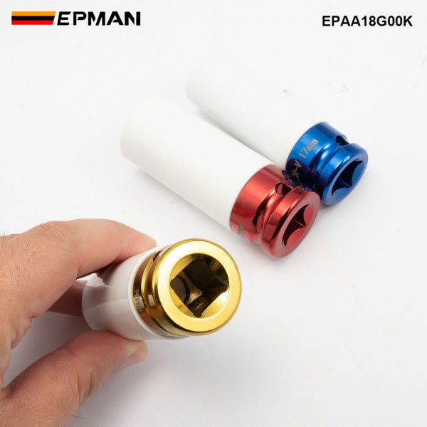 EPMAN 3 PCS 17mm 19mm 21mm 1/2" Drive Thin Wall Deep Impact Nut Socket Kit, Alloy Wheel Impact Socket Set EPAA18G00K