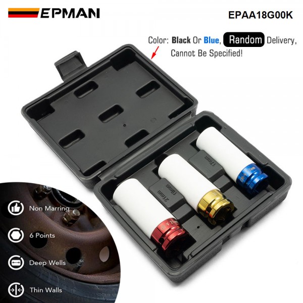 EPMAN 3 PCS 17mm 19mm 21mm 1/2" Drive Thin Wall Deep Impact Nut Socket Kit, Alloy Wheel Impact Socket Set EPAA18G00K