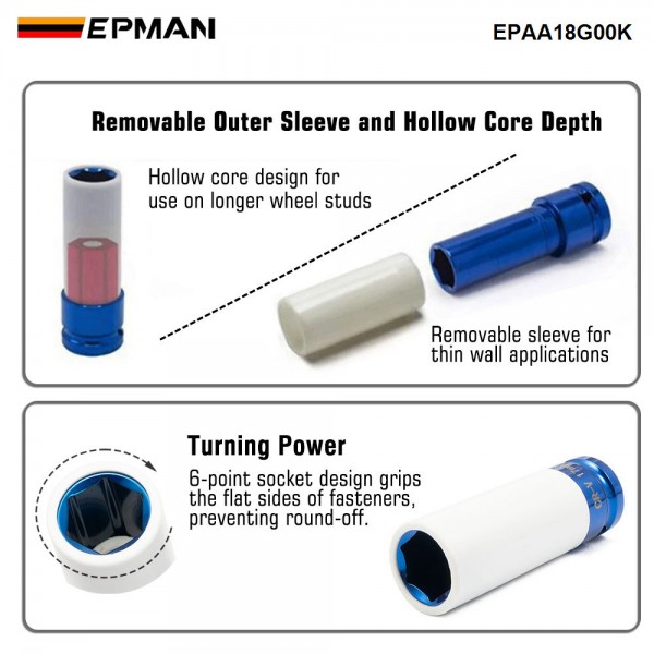 EPMAN 3 PCS 17mm 19mm 21mm 1/2" Drive Thin Wall Deep Impact Nut Socket Kit, Alloy Wheel Impact Socket Set EPAA18G00K