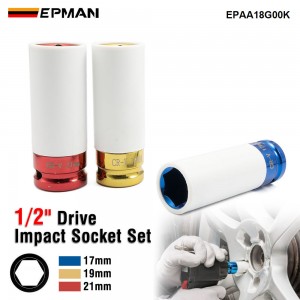 EPMAN 3 PCS 17mm 19mm 21mm 1/2" Drive Thin Wall Deep Impact Nut Socket Kit, Alloy Wheel Impact Socket Set EPAA18G00K