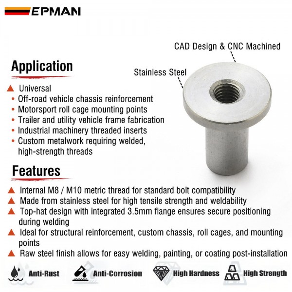 EPMAN M8x1.25mm / M10x1.5mm Weld-in Threaded Insert - 25mm Stainless Steel Top Hat Bush for Automotive Fabrication
