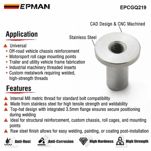 EPMAN M8 x 25mm Weld-in Threaded Insert - Stainless Steel Top Hat Bush for Automotive Fabrication EPCGQ219