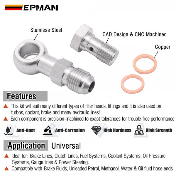 EPMAN Stainless Steel M10 / M11 x 1.0 / M12 / M14 x 1.5 To AN4 Or AN6-6 Banjo Bolts Brake Line Fittings Adapter Thread Single Banjo Bolt Universal