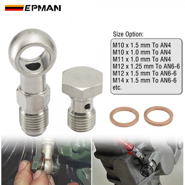 EPMAN Stainless Steel M10 / M11 x 1.0 / M12 / M14 x 1.5 To AN4 Or AN6-6 Banjo Bolts Brake Line Fittings Adapter Thread Single Banjo Bolt Universal