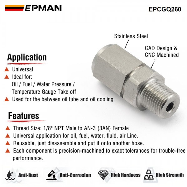 EPMAN Tube Adapter Flare Fitting AN-3 (3AN) Female To 1/8" NPT Male Stainless Steel Oil Tube And Oil Cooling Adapter EPCGQ260 EPMAN Tube Adapter Flare Fitting AN-3 (3AN) Female To 1/8" NPT Male Stainless Steel Oil Tube And Oil Cooling Adapter EPCGQ260