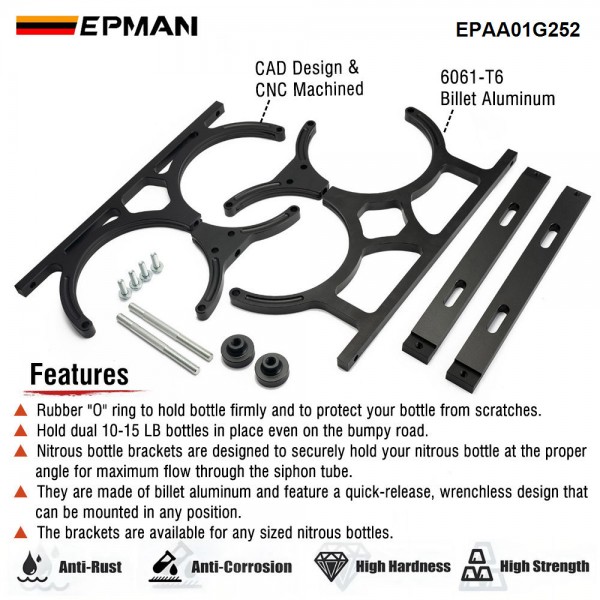 EPMAN Nitrous Oxide NOS Black Billet Aluminum Single Dual Bottles Holder Bracket