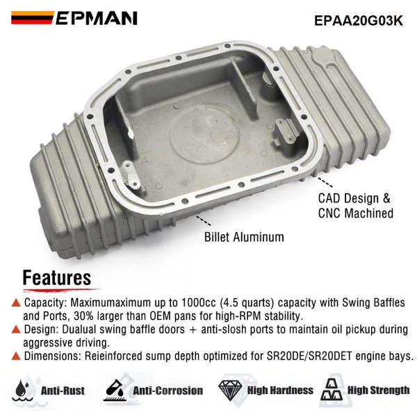 EPMAN High Capacity Oil Pan Baffled Aluminum For Nissan SR20DET S13 S14 S15 Silvia 180SX 240SX Drift Build EPAA20G03K EPMAN High Capacity Oil Pan Baffled Aluminum For Nissan SR20DET S13 S14 S15 Silvia 180SX 240SX Drift Build EPAA20G03K