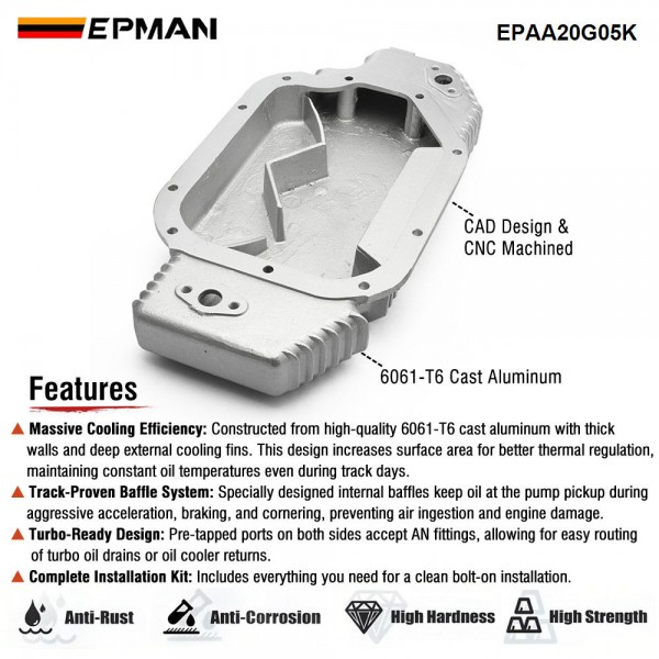 EPMAN Turbo Oil Pan - Lightweight Billet Aluminum Block-Off Plates Included, Anti-Surge Baffled Pan for 2003-2006 G35/350Z (Non-VHR) EPAA20G05K