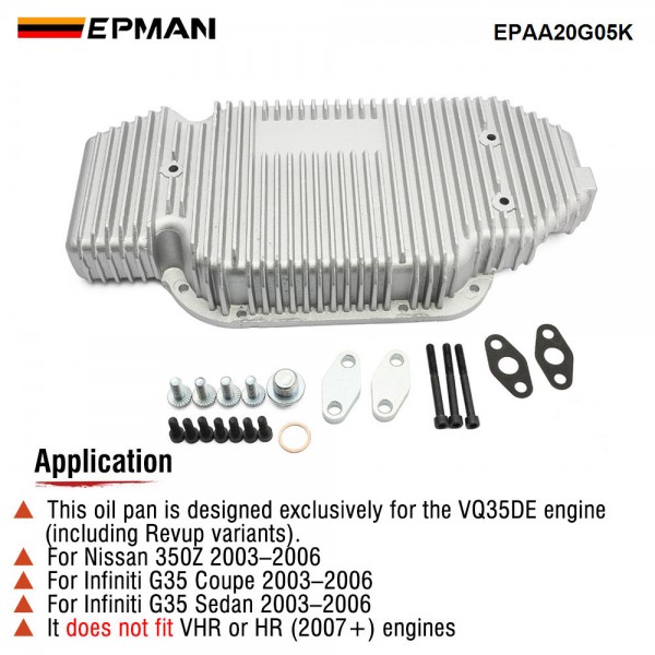 EPMAN Turbo Oil Pan - Lightweight Billet Aluminum Block-Off Plates Included, Anti-Surge Baffled Pan for 2003-2006 G35/350Z (Non-VHR) EPAA20G05K