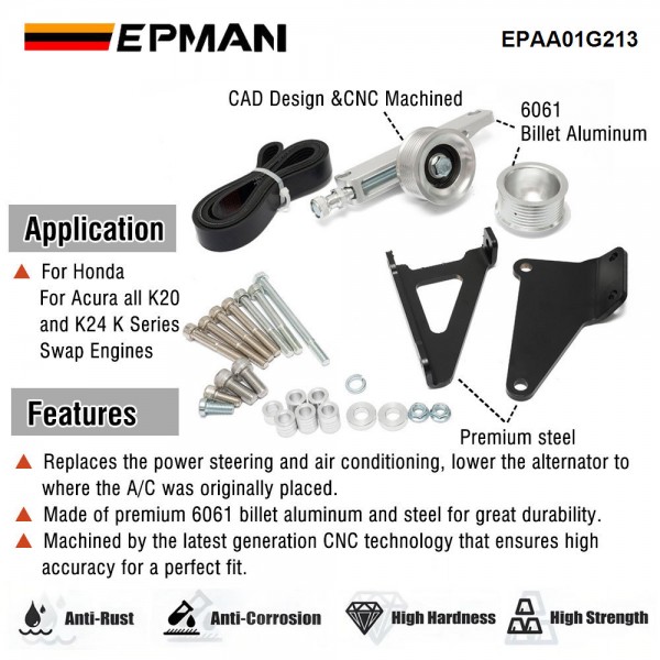 EPMAN K Series A/C & P/S Eliminator Kit With Belt Replacement Pulley Kit For Honda For Acura K20 K24 KSwap RSX EPAA01G213 EPMAN K Series A/C & P/S Eliminator Kit With Belt Replacement Pulley Kit For Honda For Acura K20 K24 KSwap RSX EPAA01G213