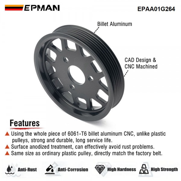 EPMAN CNC 6061-T6 Billet Power Steering Pump Water Pump Pulley Serpentine Belt Kit For BMW E39 E46 Z3 EPAA01G264 EPMAN CNC 6061-T6 Billet Power Steering Pump Water Pump Pulley Serpentine Belt Kit For BMW E39 E46 Z3 EPAA01G264