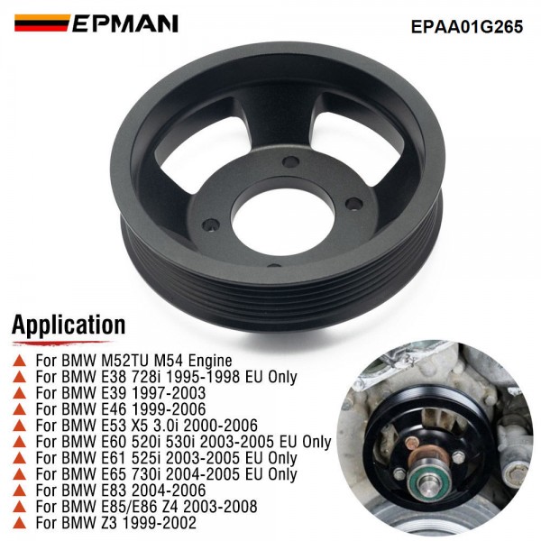 EPMAN CNC 6061-T6 Billet Aluminum Water Pump Pulley for BMW M52TU/M54 Engines - Anodized Black, Direct Replacement for OEM Plastic Pulley, Fits E46/E39/E60/E83/E53/Z3/Z4 EPAA01G265
