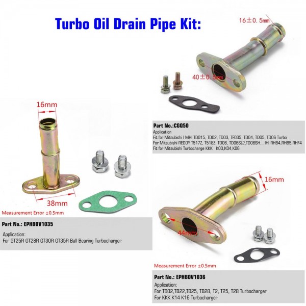 Epman Turbo Oil Drain / Return Pipe Kit For BB GT25 GT28 GT30 GT35 GT3076R GT3582R EPHBOV1035