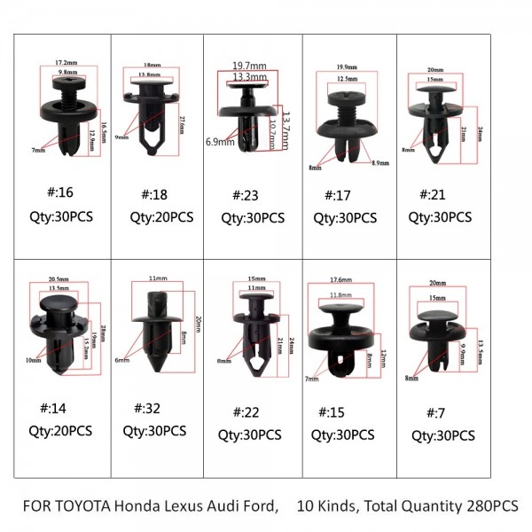 280pcs/LOT Mixed Fastener Clip And Tool Car Fender Bumper rivet fixed Clip Fastener For Toyota Honda Lexus Audi Ford EP-SLK280H